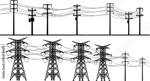 Black silhouette set of electric power transmission lines, high voltage utility poles, and industrial overhead cables isolated on white background