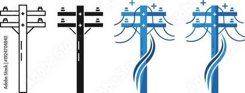 Collection of utility pole silhouettes and modern flat icons featuring electrical transformers, power lines, energy distribution infrastructure, and industrial wire systems, vector illustration.