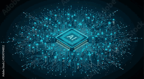 Artificial intelligence chip with ai lettering surrounded by futuristic circuit board and glowing blue connections in a dark background
