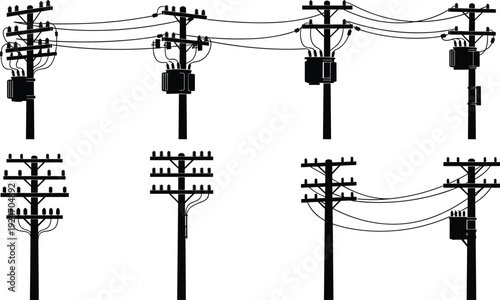 Set of electric utility pole silhouettes with transformers, power lines, high voltage wires, crossarms, and industrial energy infrastructure icons, vector illustration.