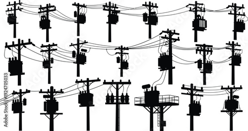 Electric Power Pole Silhouettes with High Voltage Transformers and Cable Wires Set Isolated on White Background for Industrial Vector Design