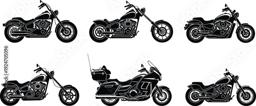 Custom chopper and touring motorcycle silhouettes collection classic cruiser bikes vector illustration isolated on white background transport design