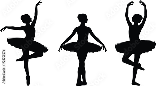 Beautiful ballet dancer silhouettes performing elegant poses, graceful ballerina girl wearing tutu skirt vector illustration isolated on white background.