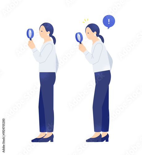 虫眼鏡で「探す」と「見つける」調査・確認・発見の流れを表現した女性ビジネスパーソンのセット素材。