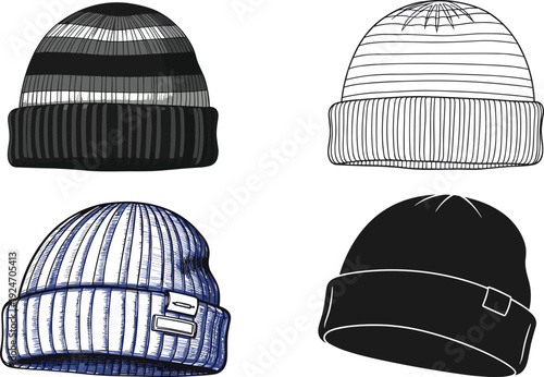 Beanie hat collection, winter headwear, knitted cap, warm accessory, fashion sketch, isolated headgear, woolly hat, stylish apparel, autumn clothing.