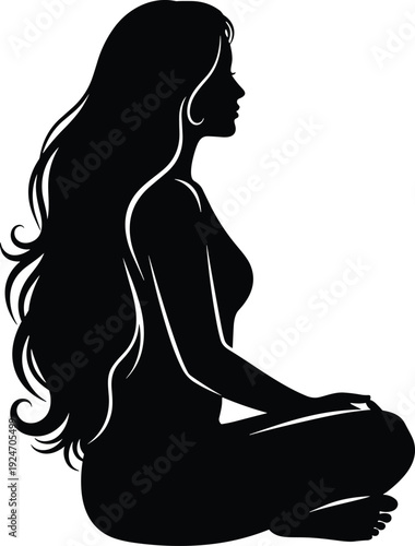Beautiful black silhouette of woman with long wavy hair sitting in yoga pose, meditation and wellness vector illustration,