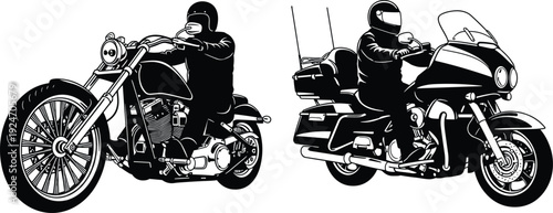 Classic chopper and touring motorcycle riders vector illustration black and white detailed cruiser bikes isolated on white background