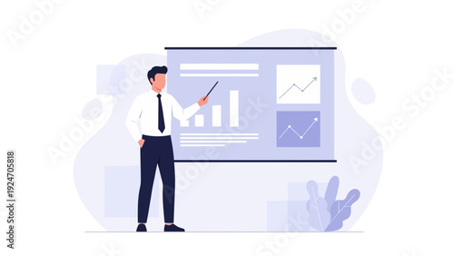 Businessman presenting financial report with charts on a screen