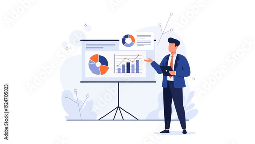 Businessman presenting financial report with charts on a whiteboard
