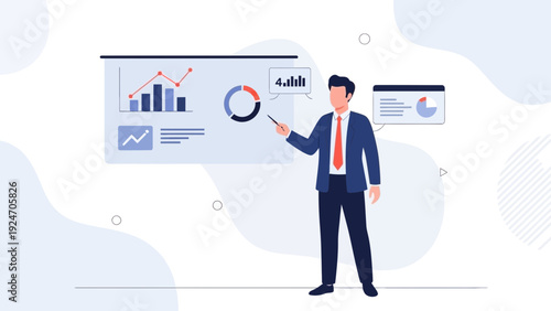 Businessman presenting financial report with charts on screen