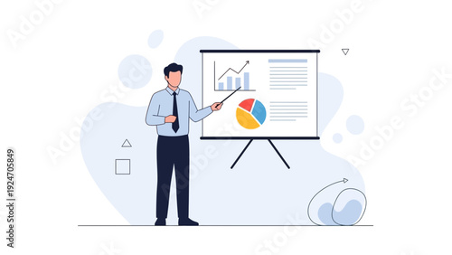 Businessman presenting financial charts and pie graph on whiteboard