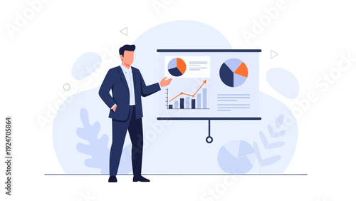 Businessman Presenting Financial Data and Charts on a Screen