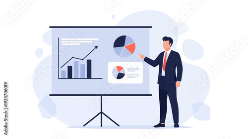 Businessman presenting financial data on a projection screen with charts and graphs.