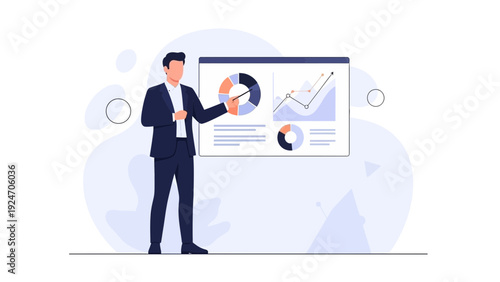 Businessman presenting financial data on a screen with charts and graphs