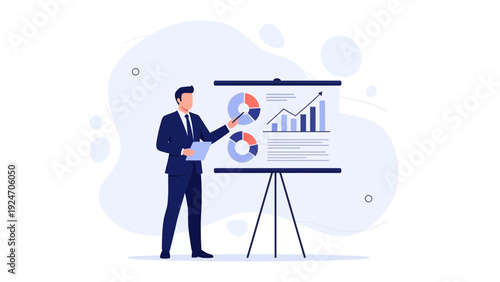 Businessman presenting financial data on a whiteboard with charts and graphs