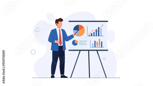 Businessman presenting financial data on a whiteboard with charts and graphs