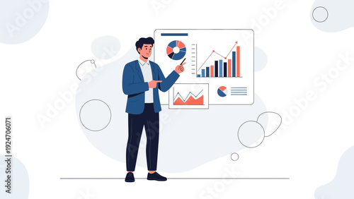 Businessman presenting financial data on a whiteboard with charts and graphs