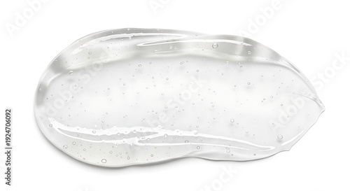 A clear, transparent gel smudge with tiny bubbles, isolated on a white background, showing a cosmetic or skincare product texture.