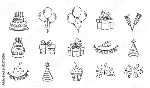 Cute Birthday Doodle Icon Set with Cake Balloon Gift and Celebration Sketch Elements Vector