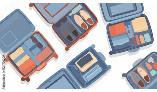 Open Suitcases with Packed Travel Items Top View Vector Illustration Isolated on White