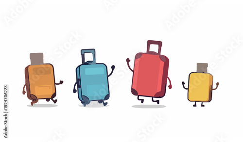 Cute Cartoon Suitcase Characters Vector Set with Funny Travel Mascot Luggage on White Background