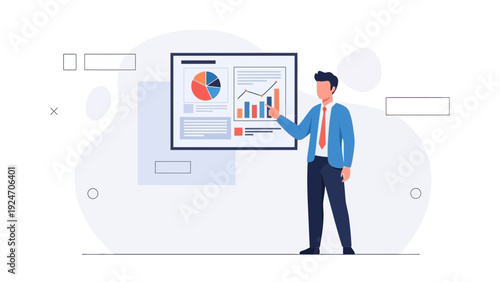 Businessman presenting financial report with charts and graphs on a whiteboard