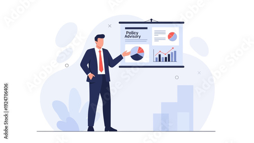 Businessman Presenting Financial Report with Charts and Graphs on Screen