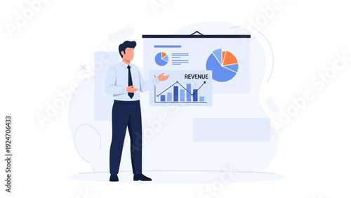 Businessman presenting financial report with charts and graphs on screen