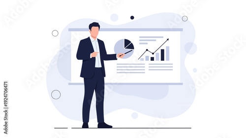 Businessman presenting financial report with charts and graphs on screen