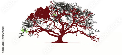 Illustration of a single tree with red flowers and leaves changing through the seasons in a simple vector style