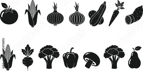 Black and white vegetable icons collection featuring tomato corn onion carrot broccoli mushroom pepper pear eggplant silhouette vector set