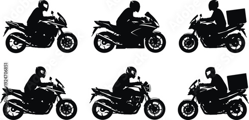 Motorcycle rider silhouette collection sportbike racing and delivery motorbike vector set isolated on white background transportation illustration bundle