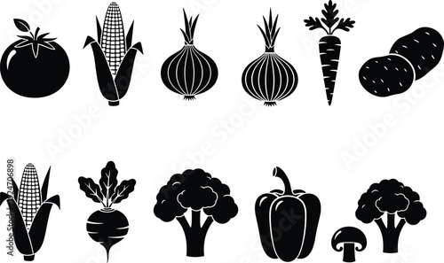 Black and white vegetable silhouette icon set featuring tomato corn onion carrot potato broccoli pepper mushroom vector collection