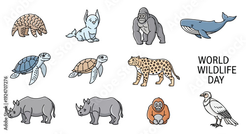 Colorful illustrations of endangered animals on World Wildlife Day with a flat design style and vibrant mood against a clean white background