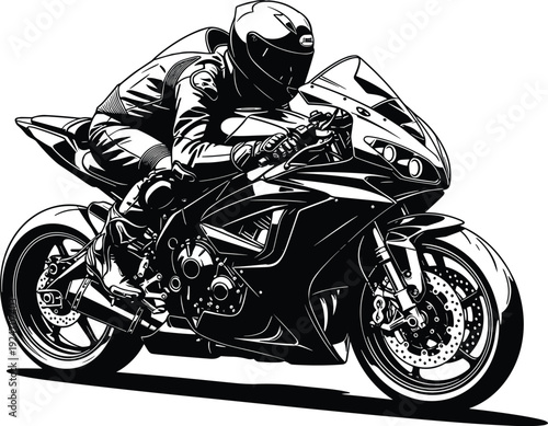 Dynamic black and white vector illustration of a professional motorcycle racer leaning into a turn on a high speed sportbike.