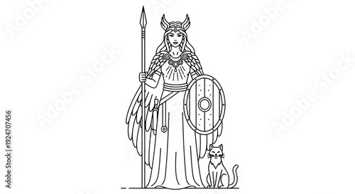 Valkyrie Warrior Goddess with Spear and Shield, Warrior Cat Companion