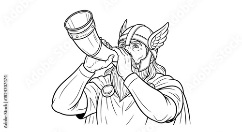 Viking Warrior Blowing Horn, Norse Mythology, Ancient Warrior, Historical Figure, Illustration