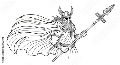 Viking Warrior with Spear and Cape - Black and White Line Art Illustration