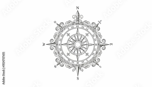 Vintage Compass Rose Nautical Navigation Tool Illustration