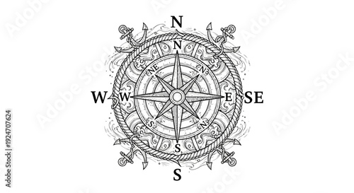 Vintage Compass Rose Nautical Navigation Symbol with Anchors and Rope