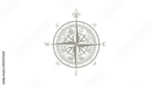 Vintage Compass Rose Nautical Navigation Tool with Fleur-de-lis Symbol