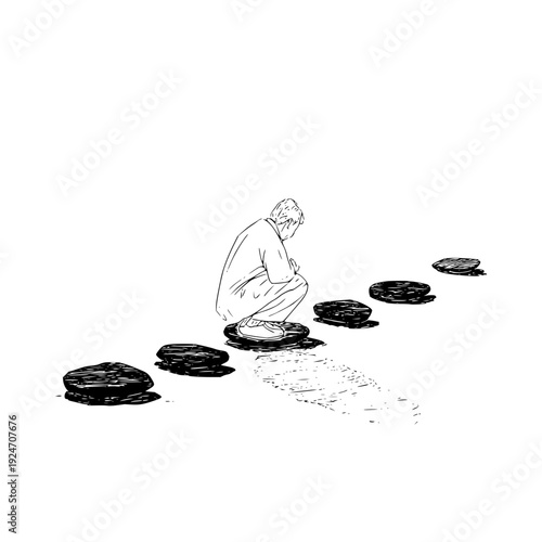 Sad Man Sitting on Coin, Surrounded by Coins on White Background, Minimalist Illustration