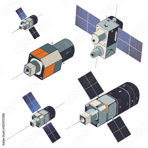 Flat design satellite components and panels for space technology icons showing various stages of orbital deployment and mechanical assembly for cosmic engineering and communication