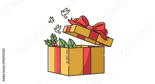 Surprise Gift Box Opening with Birds Flying Out and Holly Leaves, Festive Holiday Present