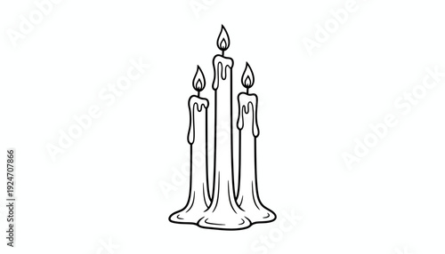 Three lit candles with dripping wax, black and white illustration, isolated on white background