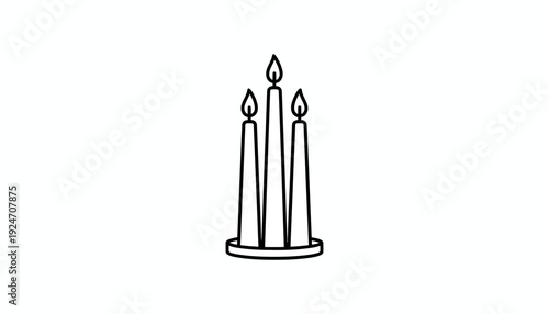 Three lit candles in a holder, minimalist line art, symbol of celebration, hope, and remembrance.