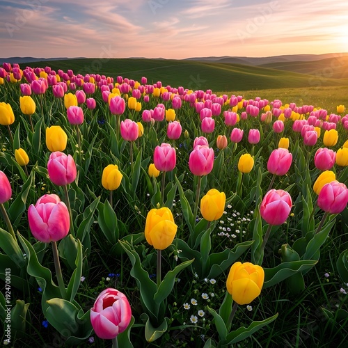 Sunrise Over Tulip Field: A Floral Spring Landscape.