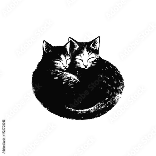 Black and white retro vintage illustration of two cute little cats hugging, curled up bodies hand drawn style vector art