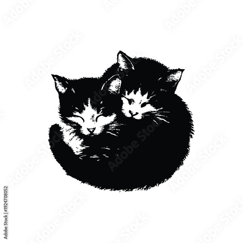 Black and white retro vintage illustration of two cute little cats hugging, curled up bodies hand drawn style vector art