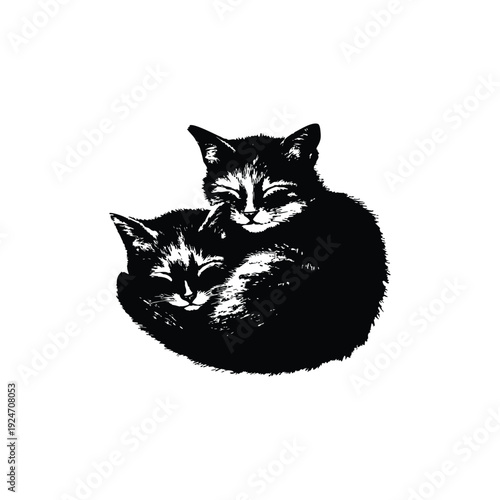 Black and white retro vintage illustration of two cute little cats hugging, curled up bodies hand drawn style vector art